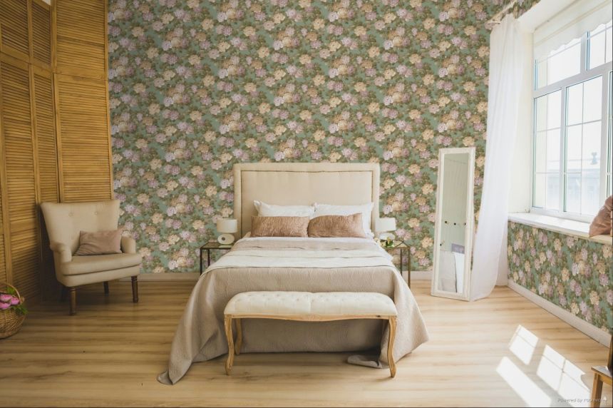 Floral wallpaper, green, pink, 7715, Agora, Parato by Cristiana Masi
