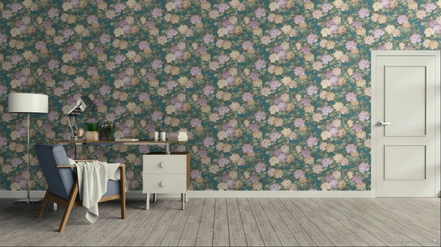 Floral wallpaper, green, purple, 7719, Agora, Parato by Cristiana Masi