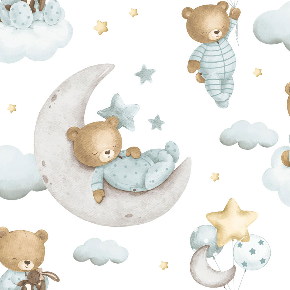 Children’s wallpaper, blue, grey, teddy bears, stars and balloons, 4400, Momi, Parato by Cristiana Masi