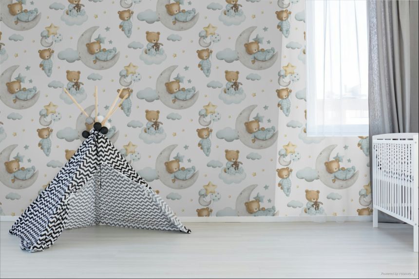 Children’s wallpaper, blue, grey, teddy bears, stars and balloons, 4400, Momi, Parato by Cristiana Masi