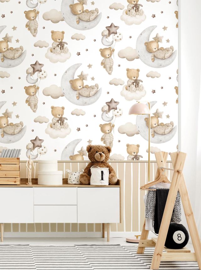 Children’s wallpaper, beige, brown, teddy bears, stars and balloons, 4401, Momi, Parato by Cristiana Masi