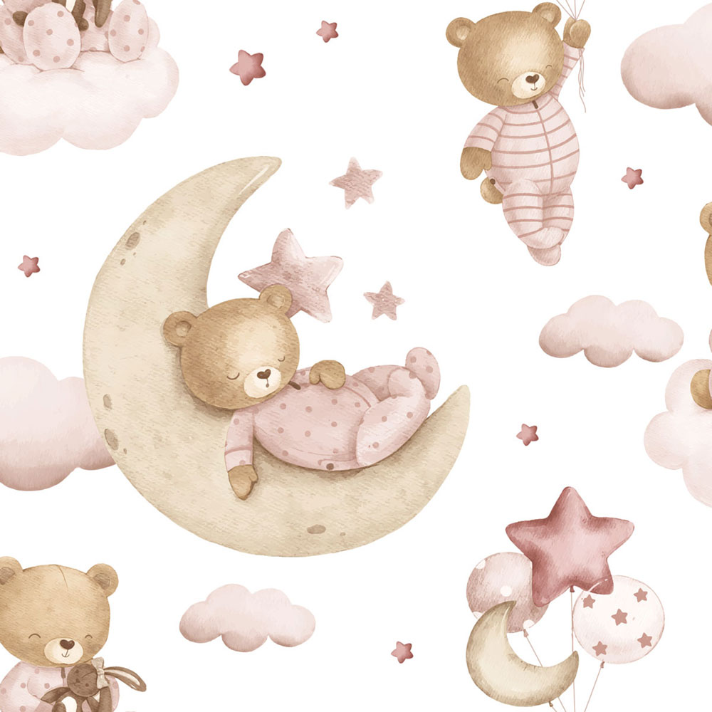 Children’s wallpaper, pink, brown, teddy bears, stars and balloons, 4402, Momi, Parato by Cristiana Masi