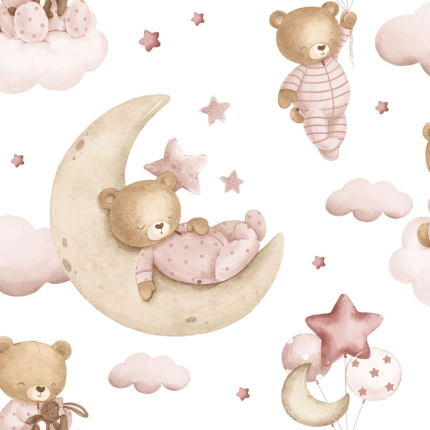 Children’s wallpaper, pink, brown, teddy bears, stars and balloons, 4402, Momi, Parato by Cristiana Masi