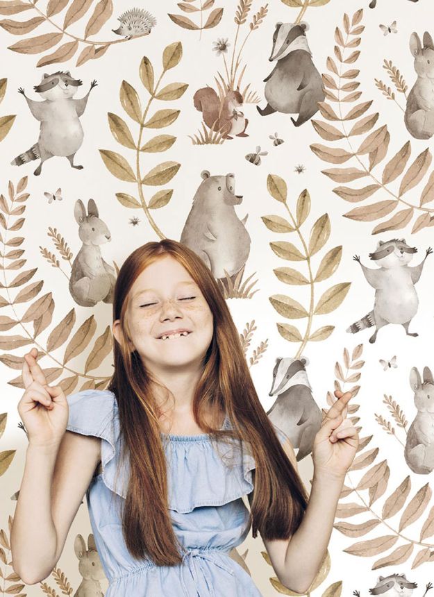 Children’s wallpaper, pink, grey, animals and leaves, 4411, Momi, Parato by Cristiana Masi