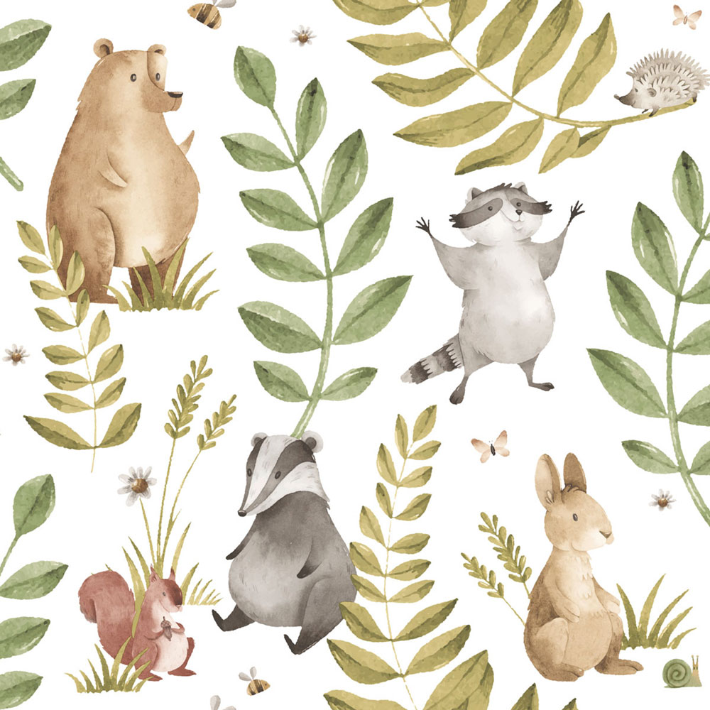 Children’s wallpaper, brown, grey, animals and leaves, 4412, Momi, Parato by Cristiana Masi