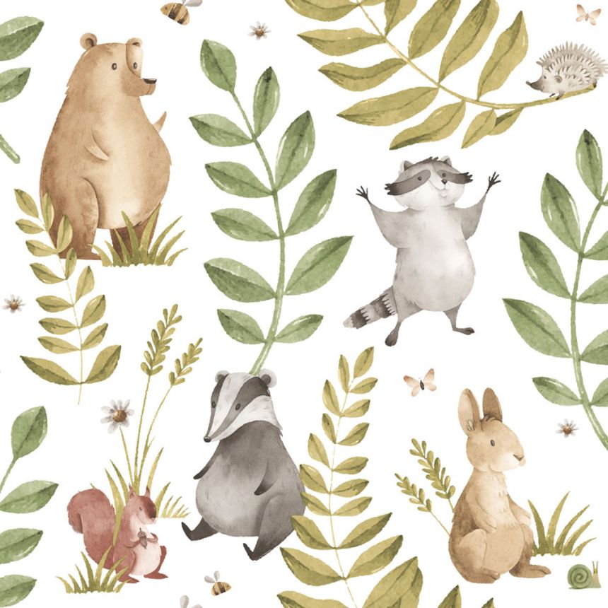 Children’s wallpaper, brown, grey, animals and leaves, 4412, Momi, Parato by Cristiana Masi