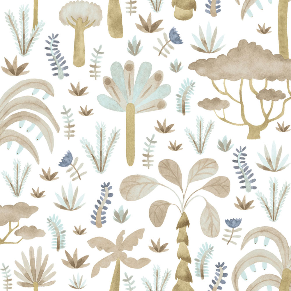 Children’s wallpaper, blue, grey, tropical plants, 4421, Momi, Parato by Cristiana Masi