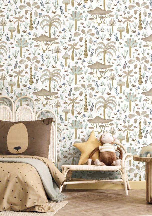 Children’s wallpaper, blue, grey, tropical plants, 4421, Momi, Parato by Cristiana Masi