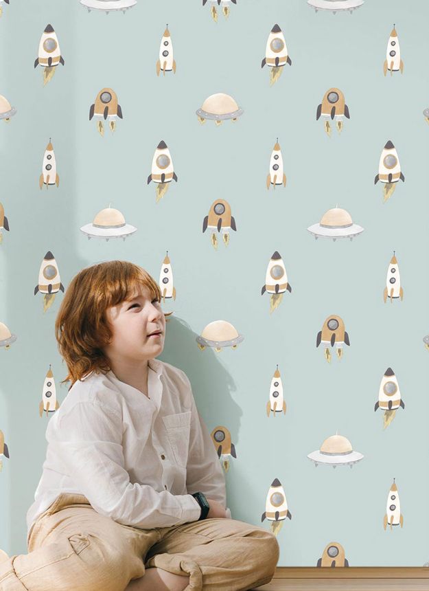 Children’s wallpaper, blue, yellow, spaceships, 4426, Momi, Parato by Cristiana Masi