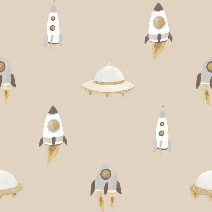 Children’s wallpaper, beige, brown, spaceships, 4427, Momi, Parato by Cristiana Masi