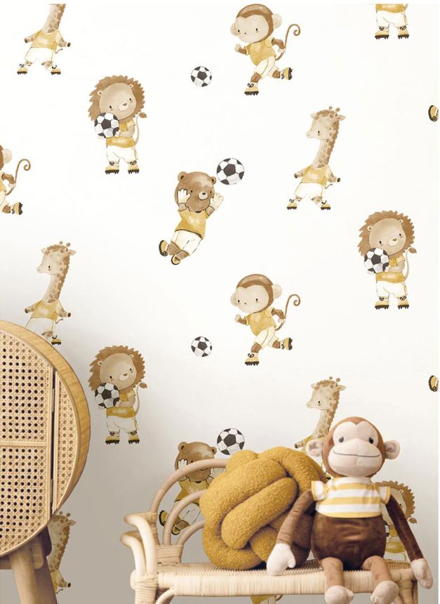 Children’s wallpaper, blue, gold, animals playing football, 4435, Momi, Parato by Cristiana Masi