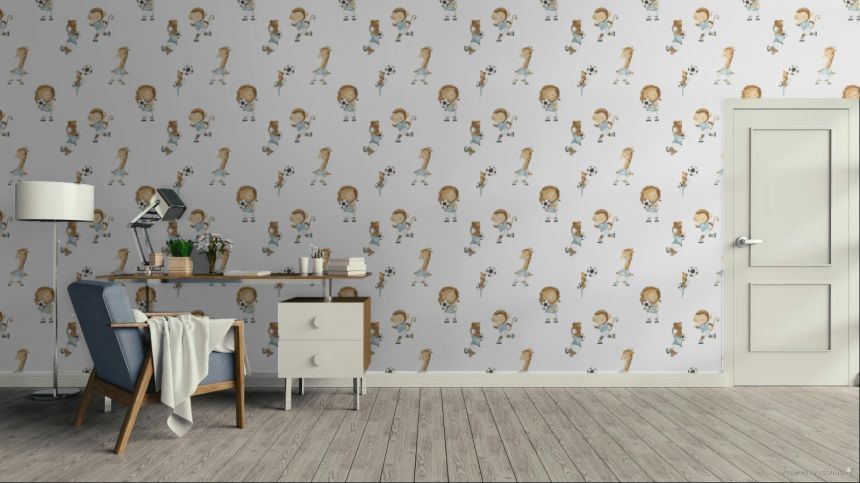 Children’s wallpaper, gold, beige, animals playing football, 4436, Momi, Parato by Cristiana Masi