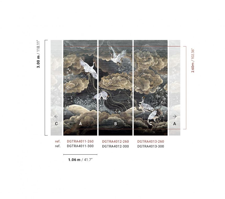 Mural wallpaper, black, grey, flying cranes, DGTRA4011-260, Traces, Masureel