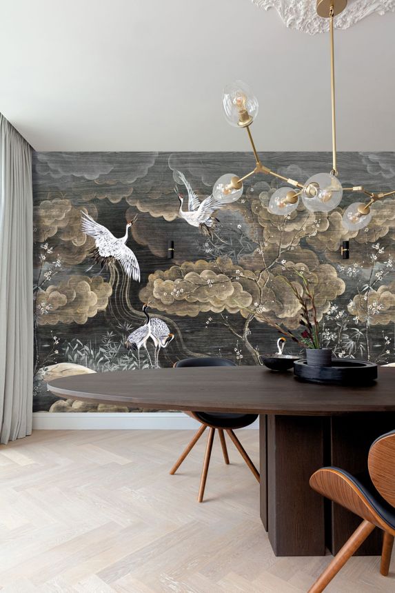 Mural wallpaper, black, grey, flying cranes, DGTRA4011-300, Traces, Masureel