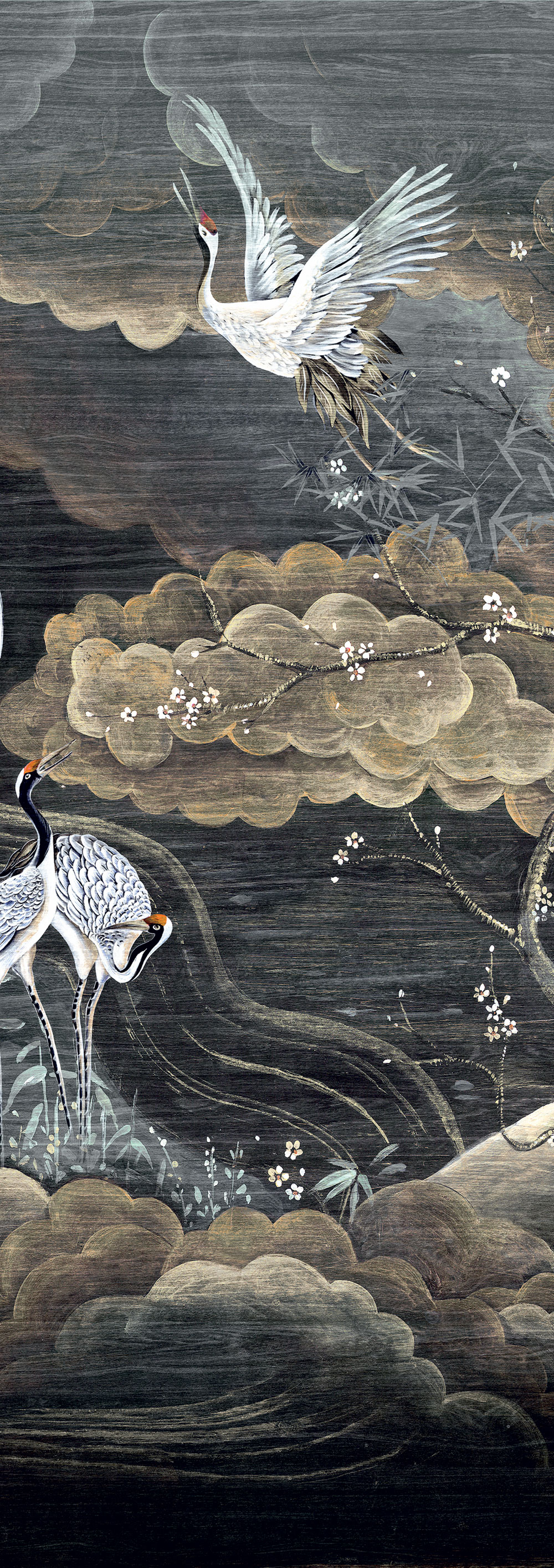 Mural wallpaper, black, grey, flying cranes, DGTRA4012-260, Traces, Masureel