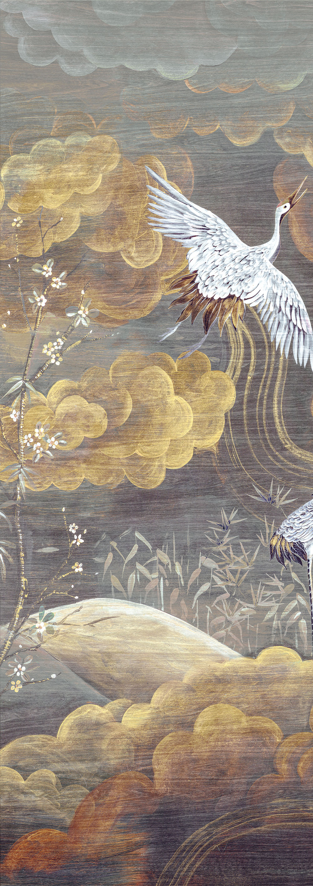 Mural wallpaper, grey, white, flying cranes, DGTRA4021-260, Traces, Masureel