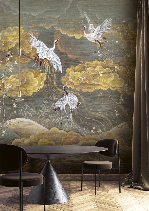 Mural wallpaper, grey, white, flying cranes, DGTRA4021-260, Traces, Masureel