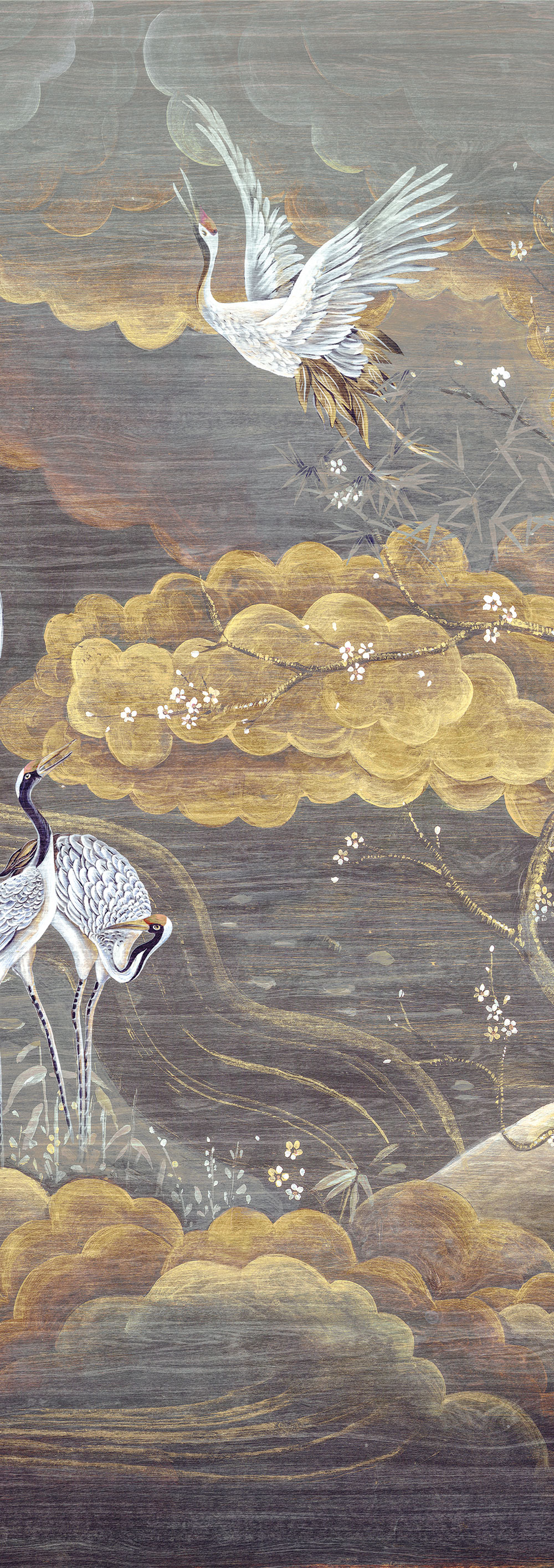 Mural wallpaper, grey, white, flying cranes, DGTRA4022-260, Traces, Masureel