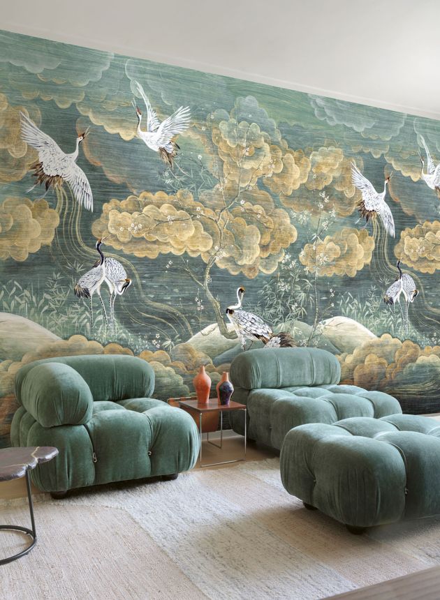 Mural wallpaper, green, white, flying cranes, DGTRA4031-300, Traces, Masureel