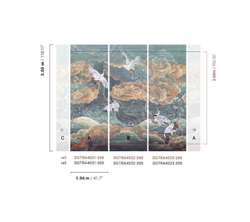 Mural wallpaper, green, white, flying cranes, DGTRA4031-300, Traces, Masureel