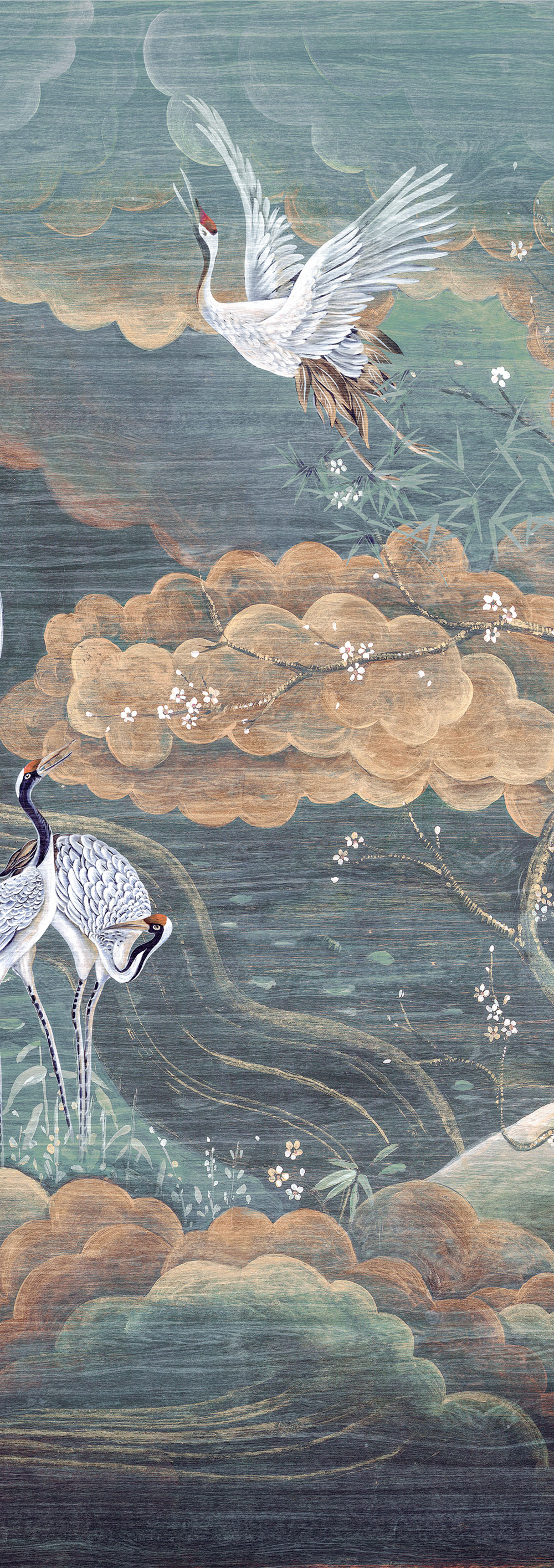 Mural wallpaper, green, white, flying cranes, DGTRA4032-260, Traces, Masureel