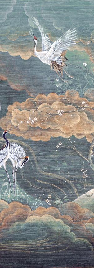 Mural wallpaper, green, white, flying cranes, DGTRA4032-260, Traces, Masureel