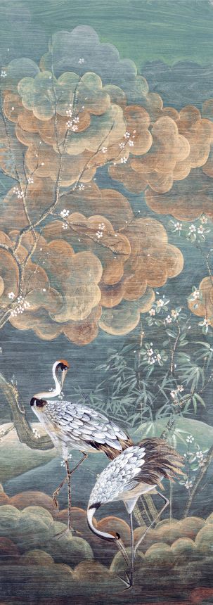 Mural wallpaper, green, white, flying cranes, DGTRA4033-260, Traces, Masureel