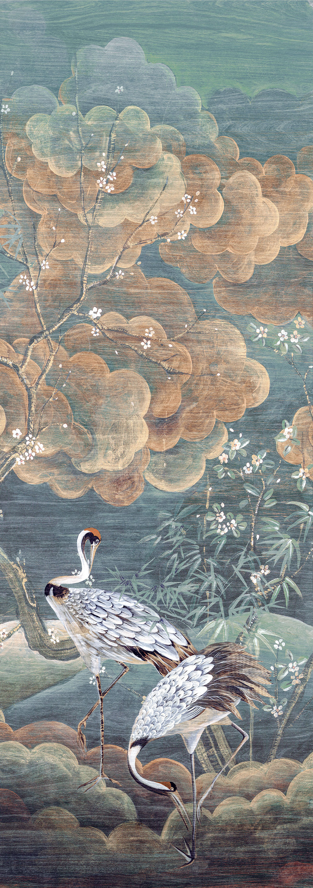 Mural wallpaper, green, white, flying cranes, DGTRA4033-300, Traces, Masureel