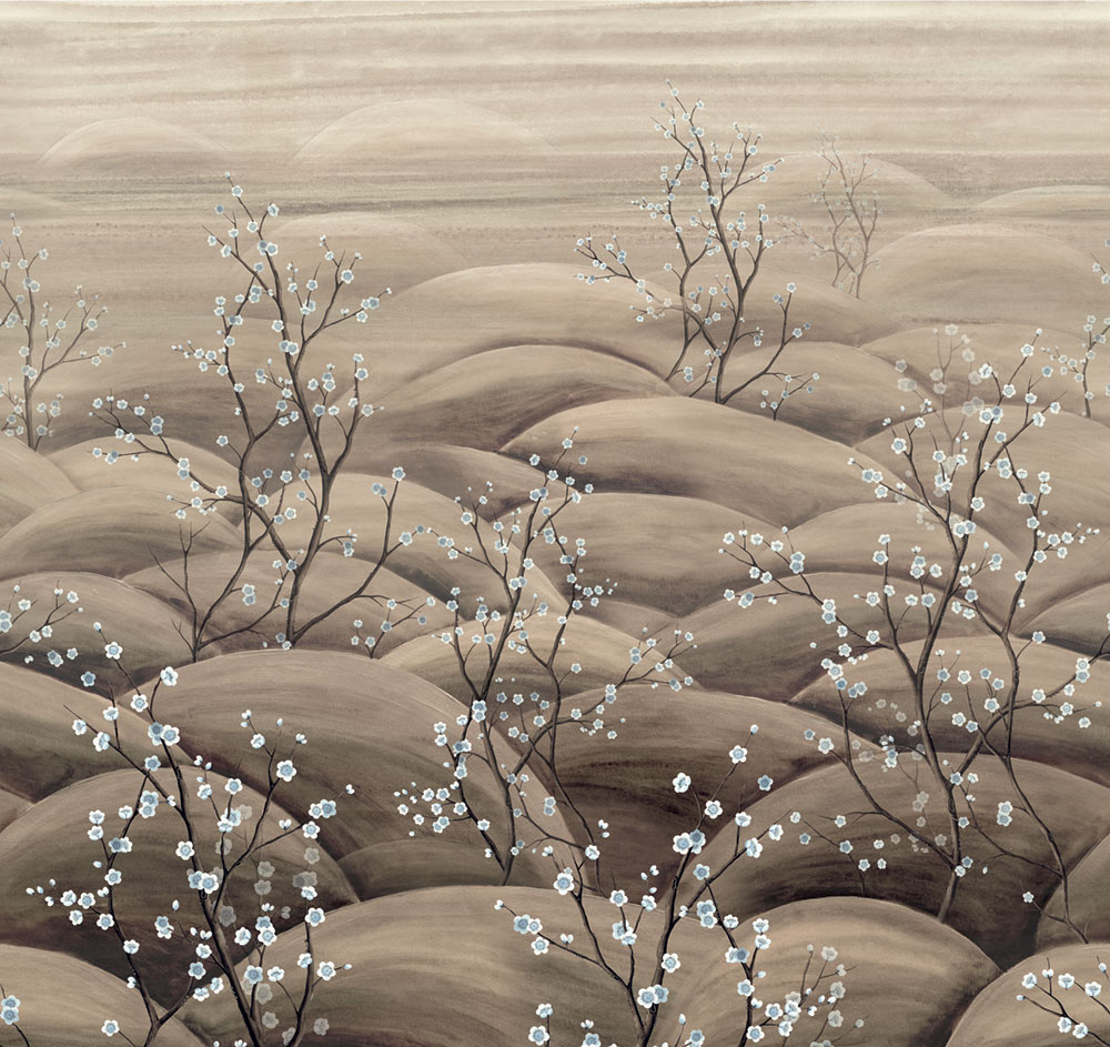 Mural wallpaper, beige, grey, flowering cherry blossom branches, DGTRA5011-260, Traces, Masureel