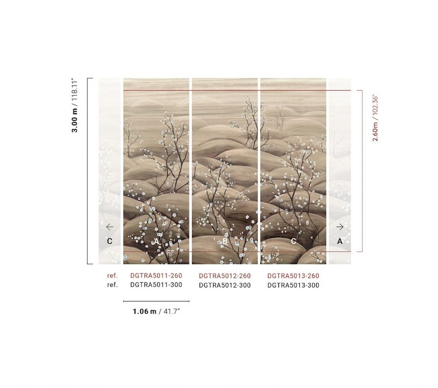 Mural wallpaper, beige, grey, flowering cherry blossom branches, DGTRA5011-260, Traces, Masureel