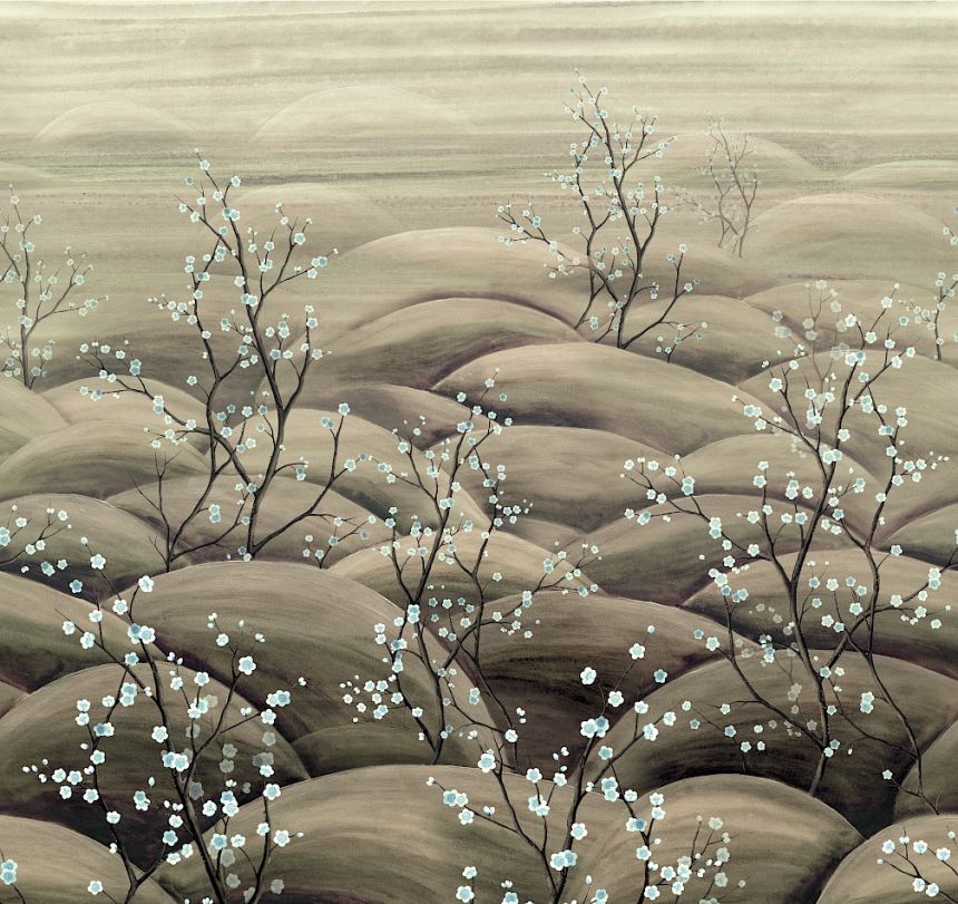Mural wallpaper, beige, grey, flowering cherry blossom branches, DGTRA5011-300, Traces, Masureel