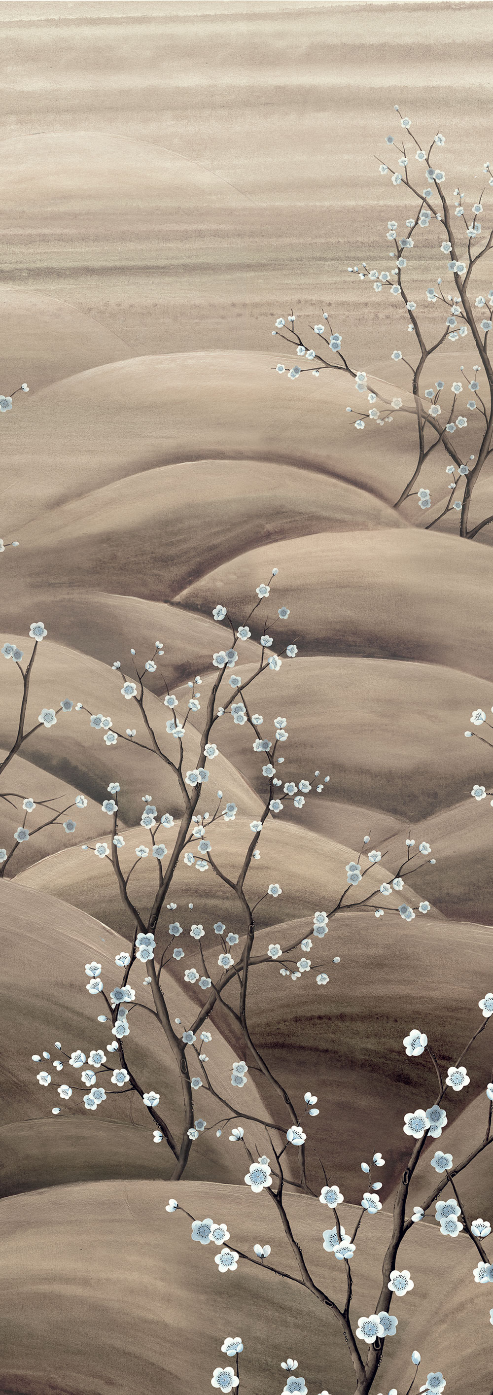 Mural wallpaper, beige, grey, flowering cherry blossom branches, DGTRA5012-260, Traces, Masureel