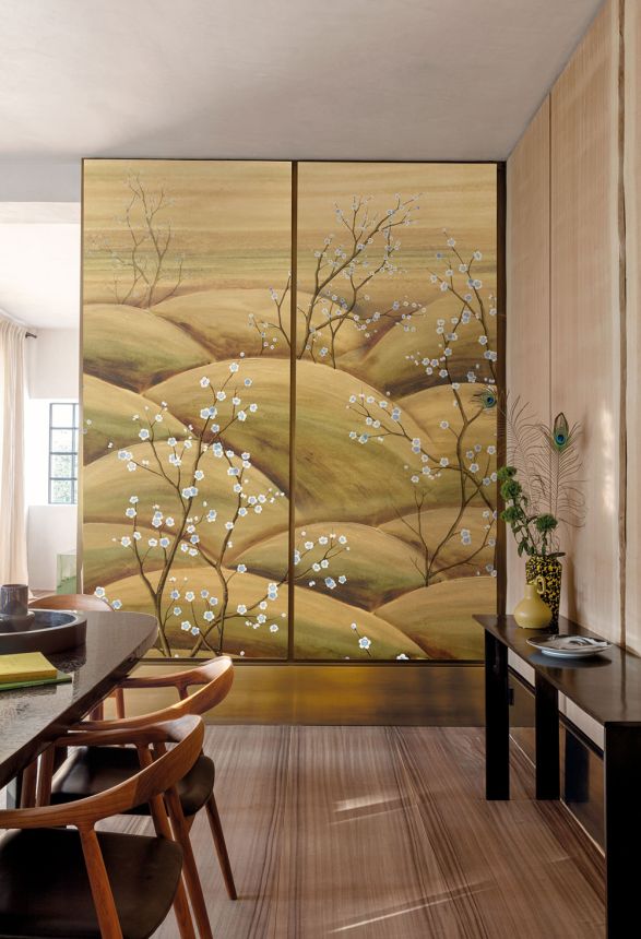 Mural wallpaper, blue, beige, flowering cherry blossom branches, DGTRA5021-260, Traces, Masureel