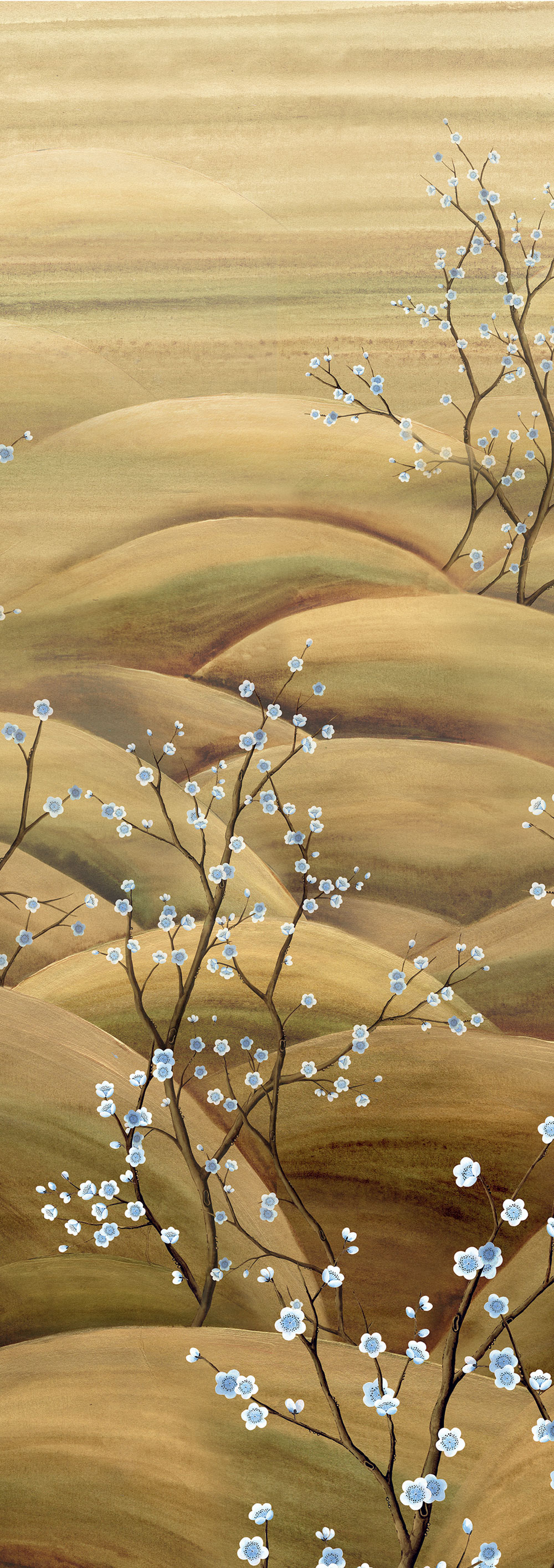 Mural wallpaper, blue, beige, flowering cherry blossom branches, DGTRA5022-260, Traces, Masureel