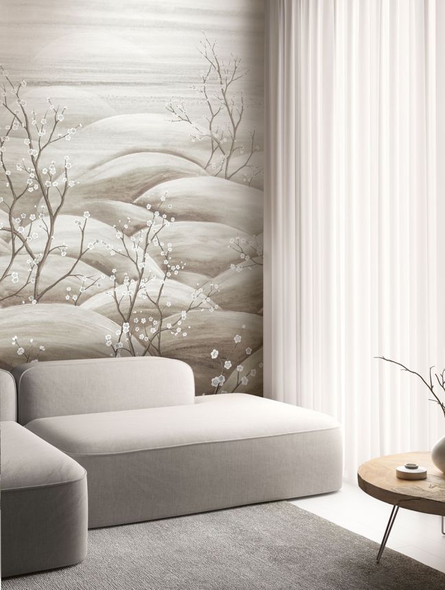 Mural wallpaper, grey, white, flowering cherry blossom branches, DGTRA5031-260, Traces, Masureel