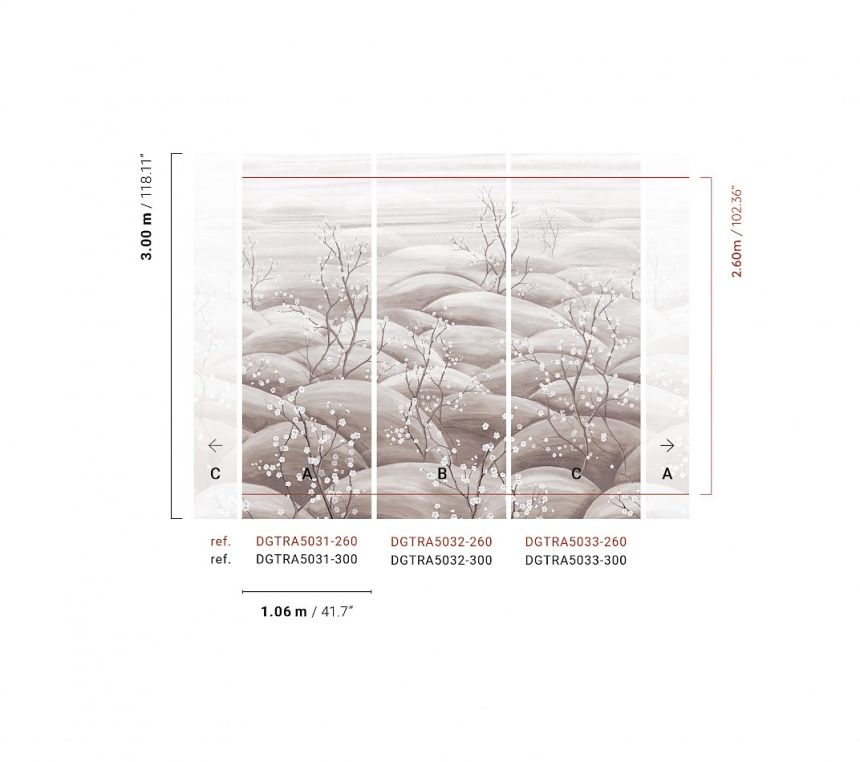 Mural wallpaper, grey, white, flowering cherry blossom branches, DGTRA5031-300, Traces, Masureel
