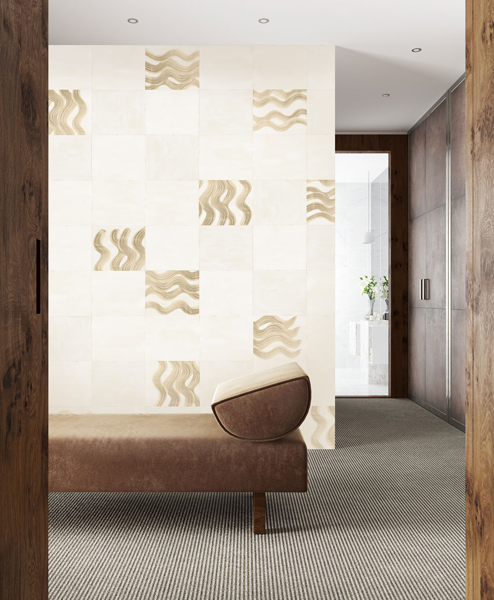 Mural wallpaper, beige, grey, waves in squares, DGTRA6011-260, Traces, Masureel