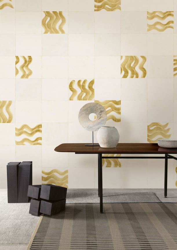 Mural wallpaper, beige, gold, waves in squares, DGTRA6021-260, Traces, Masureel