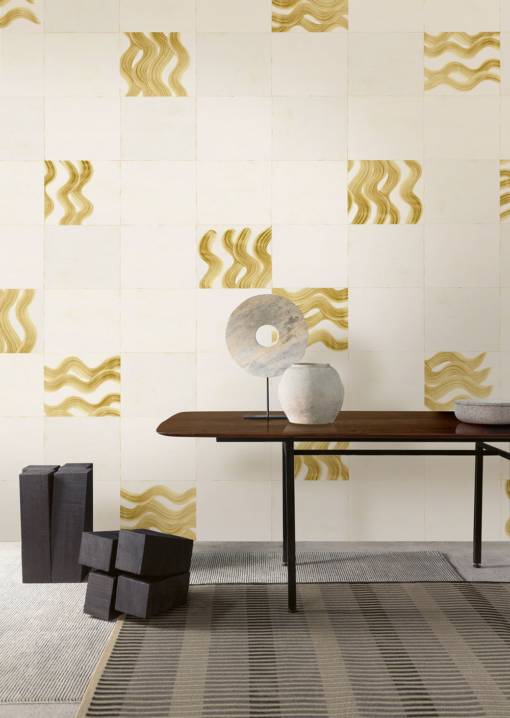 Mural wallpaper, beige, gold, waves in squares, DGTRA6021-300, Traces, Masureel