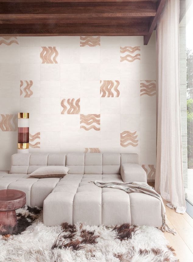 Mural wallpaper, pink, brown, waves in squares, DGTRA6031-260, Traces, Masureel