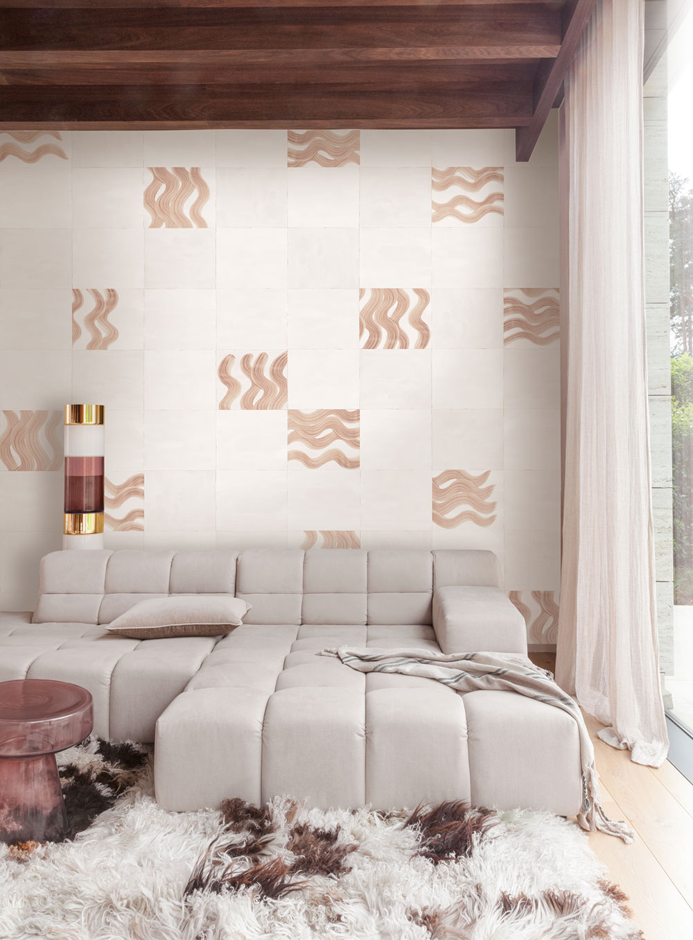 Mural wallpaper, pink, brown, waves in squares, DGTRA6031-300, Traces, Masureel