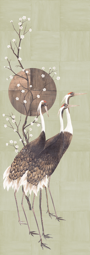 Mural wallpaper, grey, green, standing cranes, DGTRA7021-260, Traces, Masureel