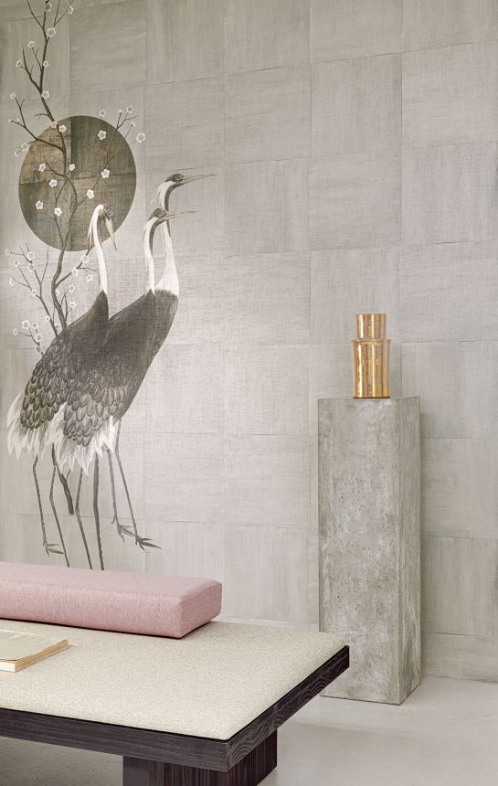 Mural wallpaper, grey, white, standing cranes, DGTRA7031-300, Traces, Masureel