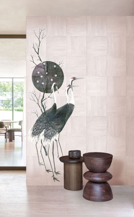 Mural wallpaper, pink, grey, standing cranes, DGTRA7041-260, Traces, Masureel