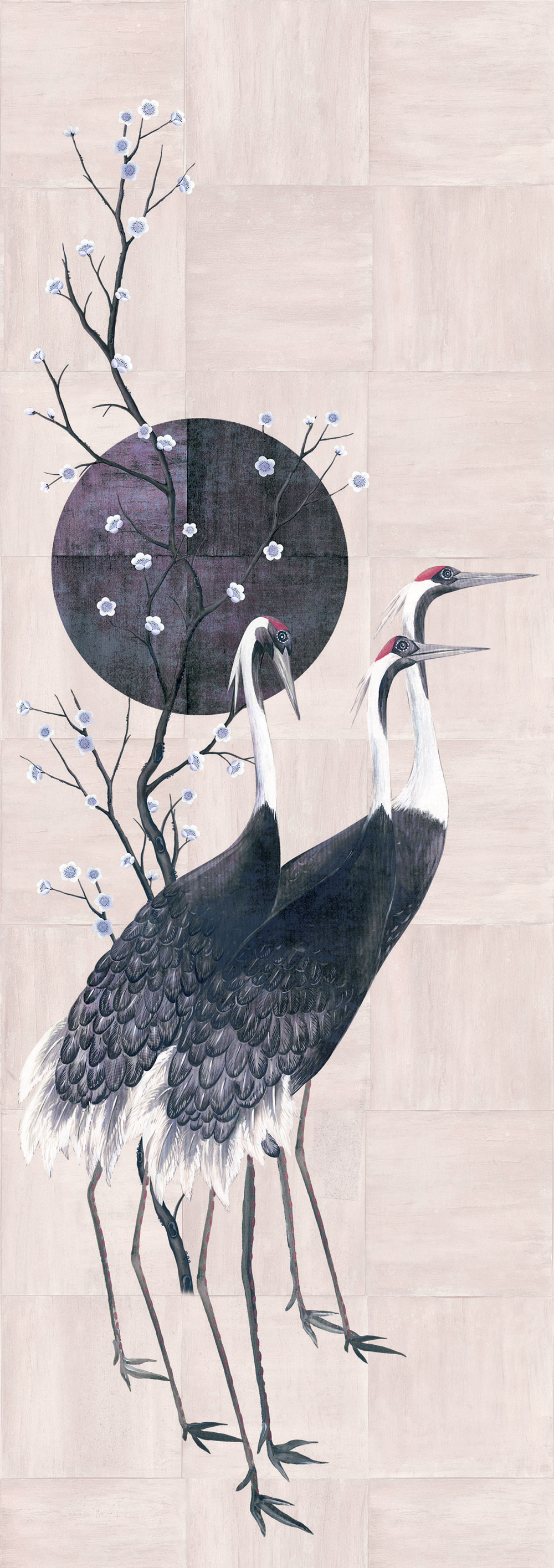 Mural wallpaper, pink, grey, standing cranes, DGTRA7041-300, Traces, Masureel