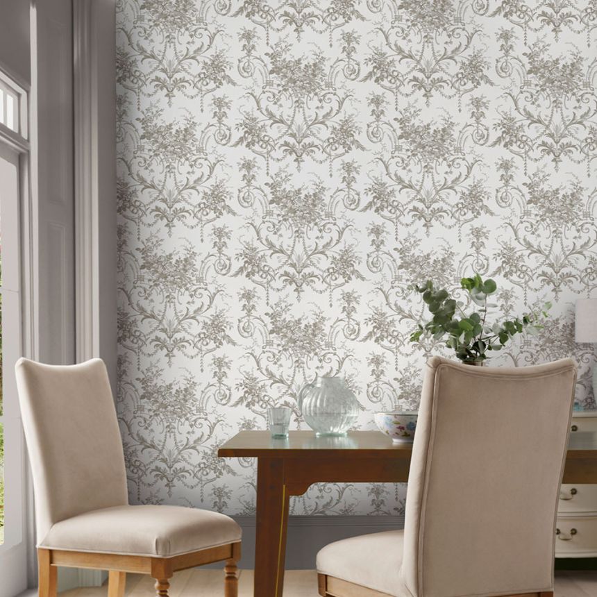 Damask Wallpaper, Grey-White, Flowers, 130111, Laura Ashley 4
