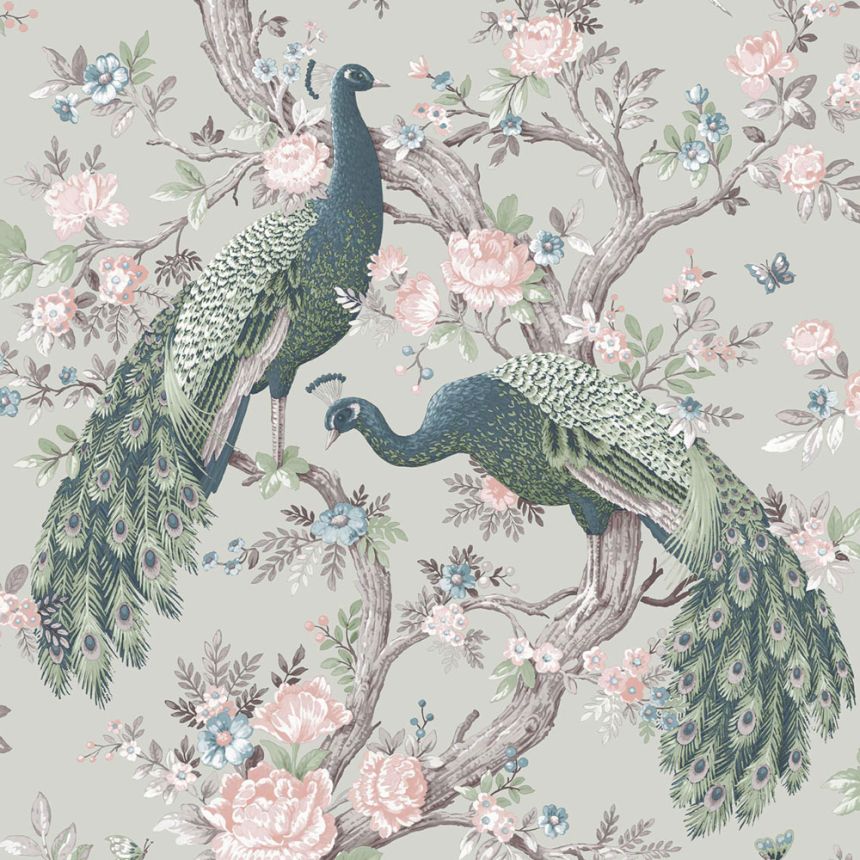 Wallpaper, Green, Grey, Roses, Peacocks, 130113, Laura Ashley 4