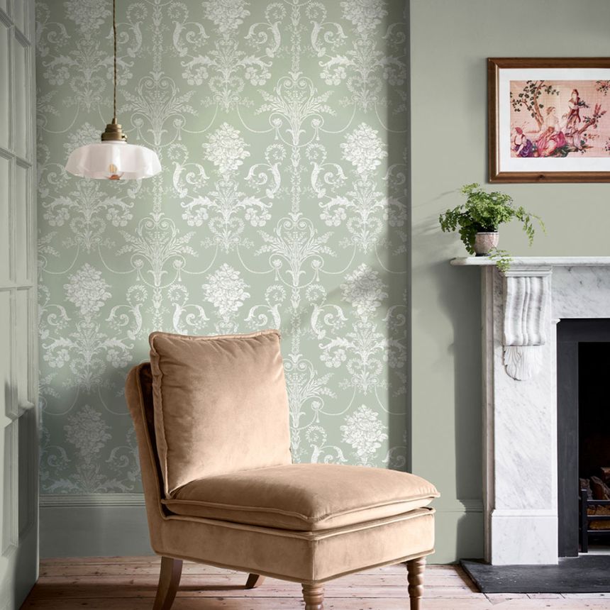 Damask Wallpaper, Green, White, 130114, Laura Ashley 4