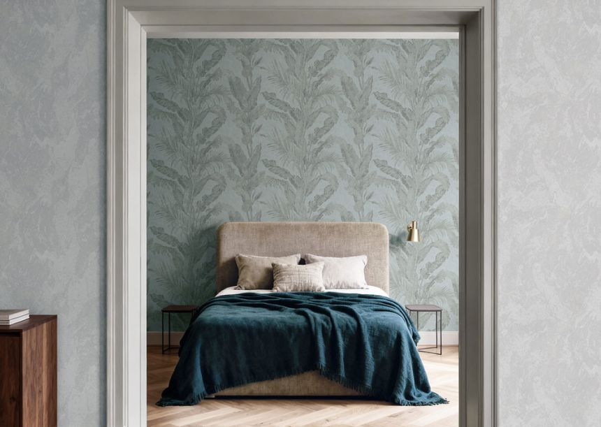 Luxury wallpaper, grey, blue, leaves, plaster effect, 6606, Metamorphosis, Parato by Cristiana Masi