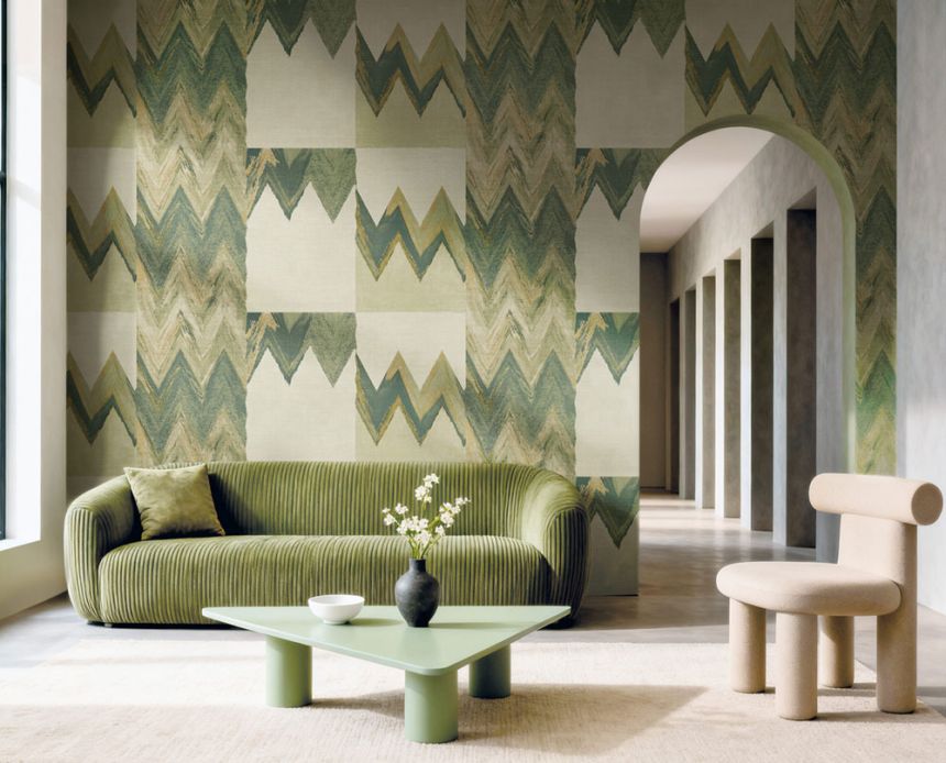 Geometric wallpaper, green, grey, fabric imitation, 6675, Metamorphosis, Parato by Cristiana Masi